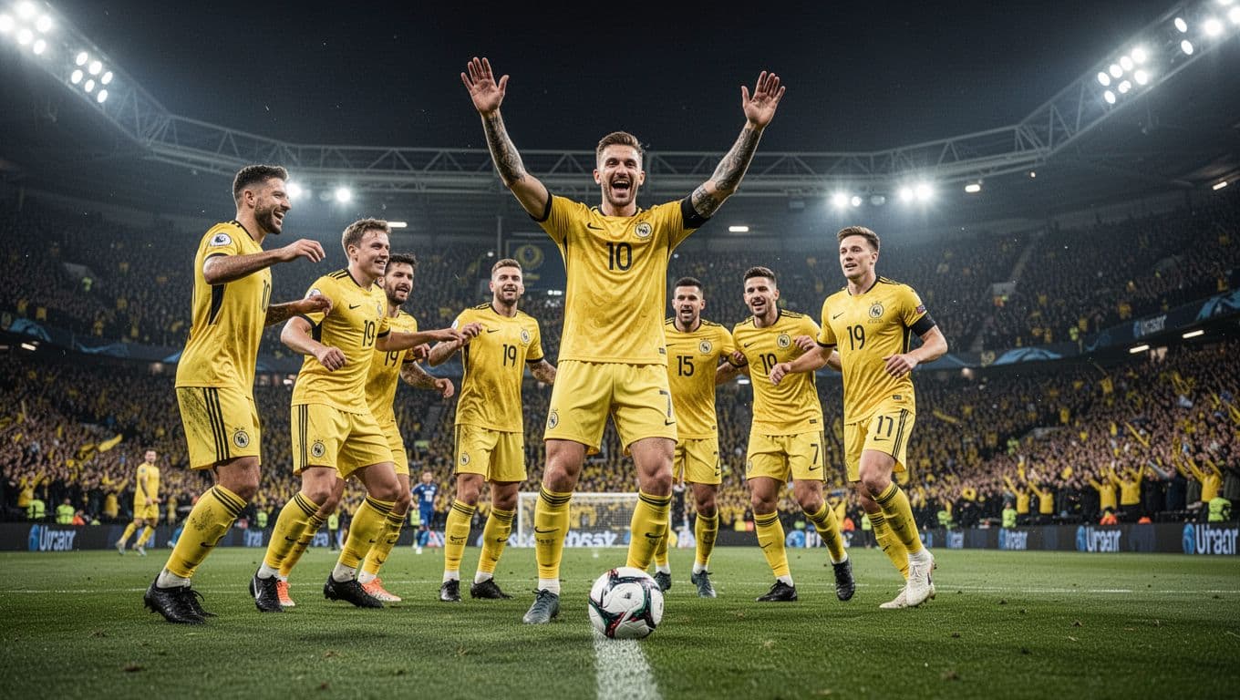 Villarreal player raises arms celebrating goal on night-lit Estadio de la Ceramica pitch, crowd cheers behind, soccer ball visible.