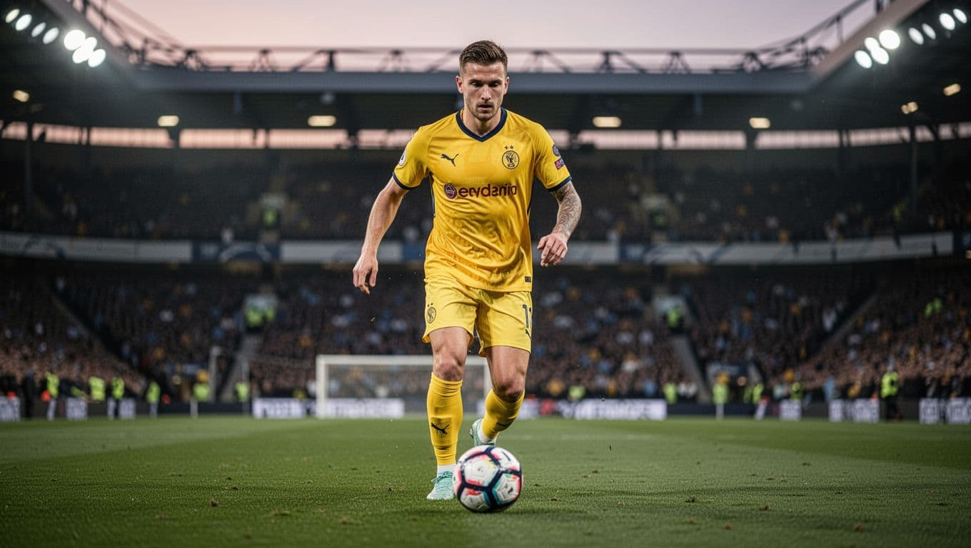 Villarreal CF midfielder in yellow kit dribbles soccer ball forward in midfield on green pitch at dusk.