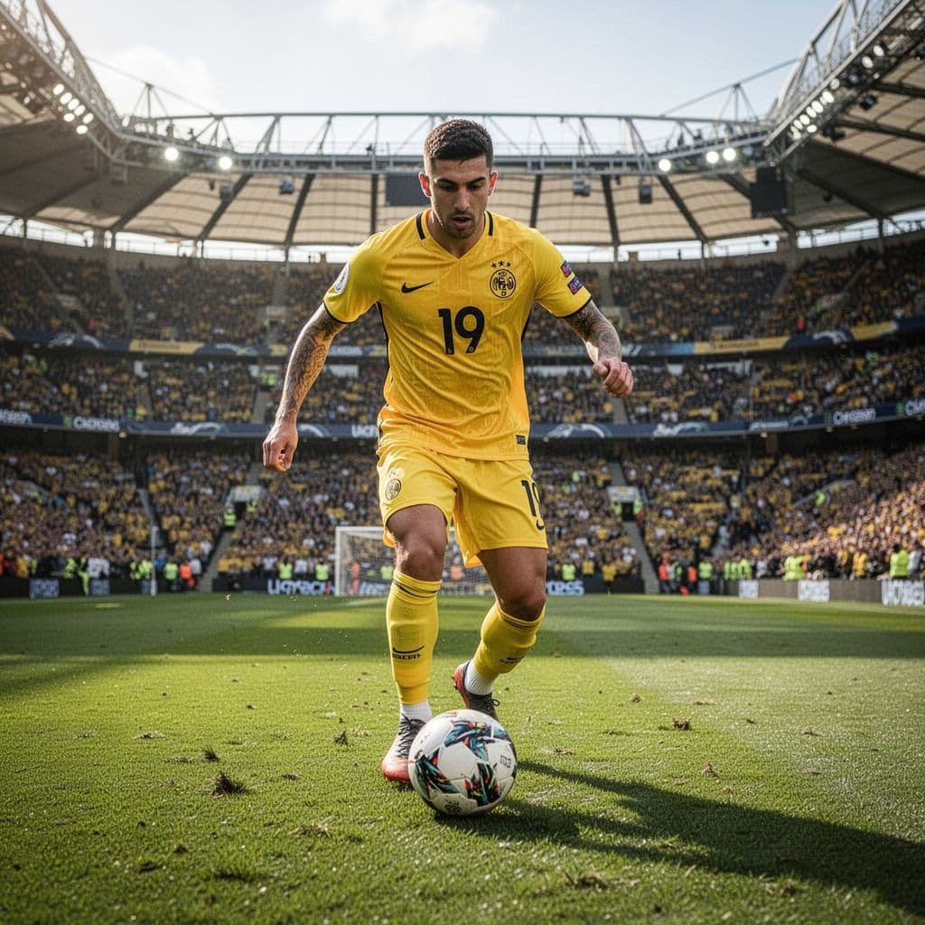 A soccer player in a yellow jersey dribbles a ball across a green pitch at Estadio de la Ceramica.
