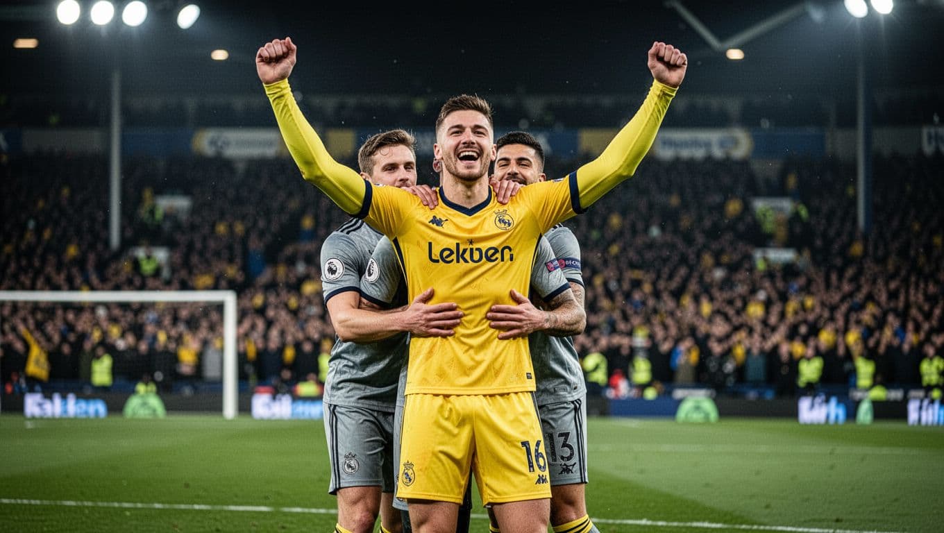 Villarreal striker in yellow kit raises arms celebrating goal on green pitch under stadium floodlights at night, teammates hug from behind.