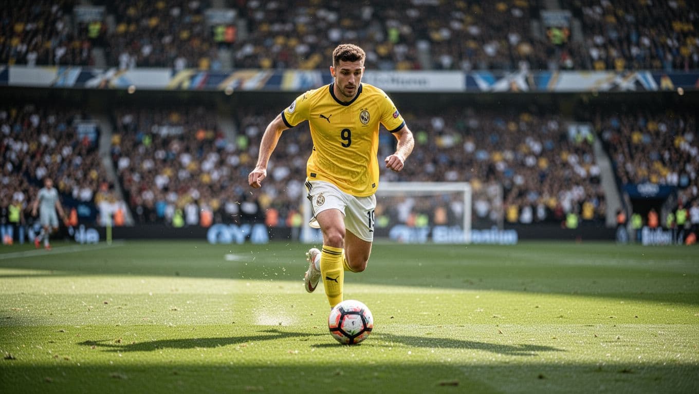 Seorang pemain sepak bola mengenakan seragam kuning Brasil sedang berlari kencang membawa bola di atas rumput hijau stadion. Dia fokus menatap ke depan dengan suasana pertandingan internasional yang sangat kompetitif.