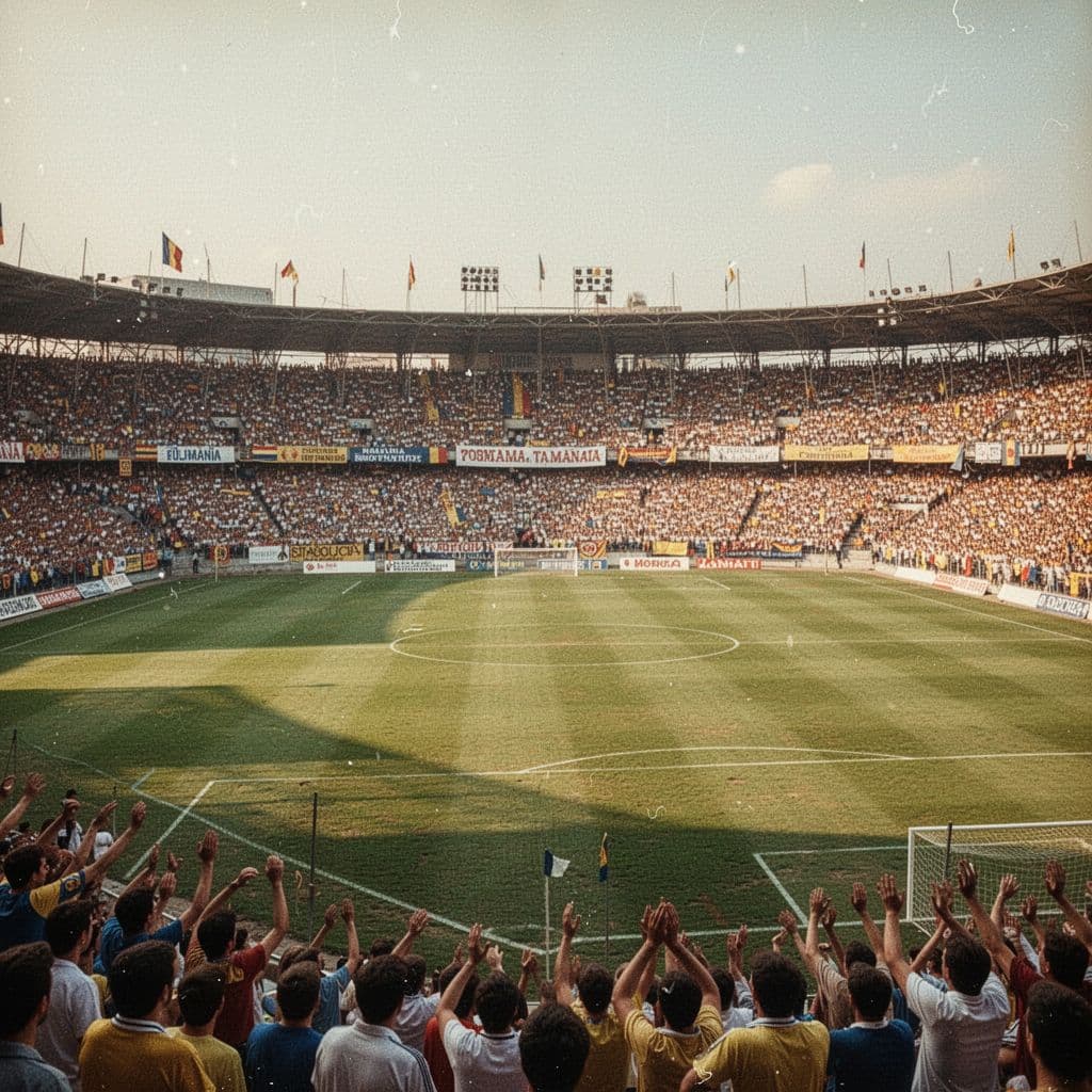 A grainy, vintage view of a crowded Romanian football stadium with an empty grass pitch.