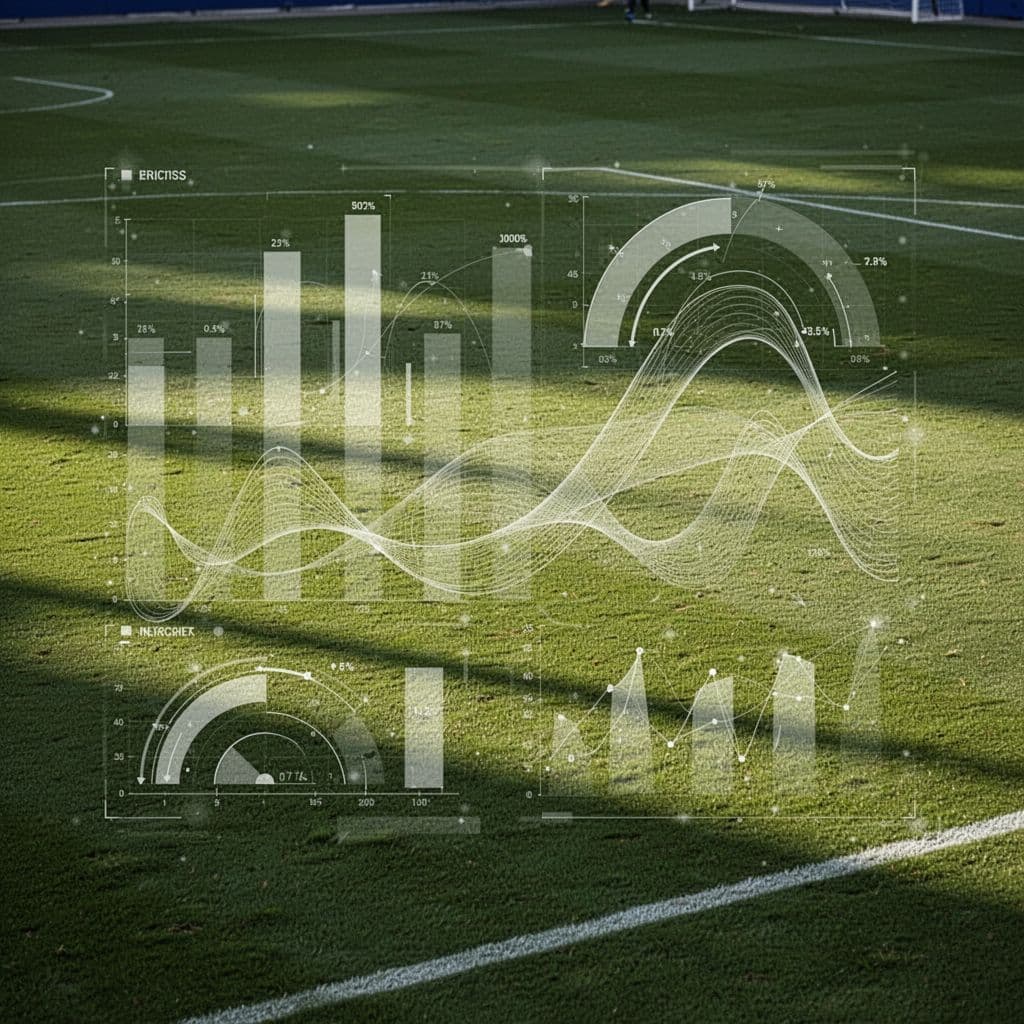 Grafik data digital melayang di atas permukaan lapangan rumput hijau yang luas. Elemen infografis berbentuk batang dan lingkaran muncul secara abstrak untuk menunjukkan analisis kekuatan serta performa tim dalam sebuah pertandingan.