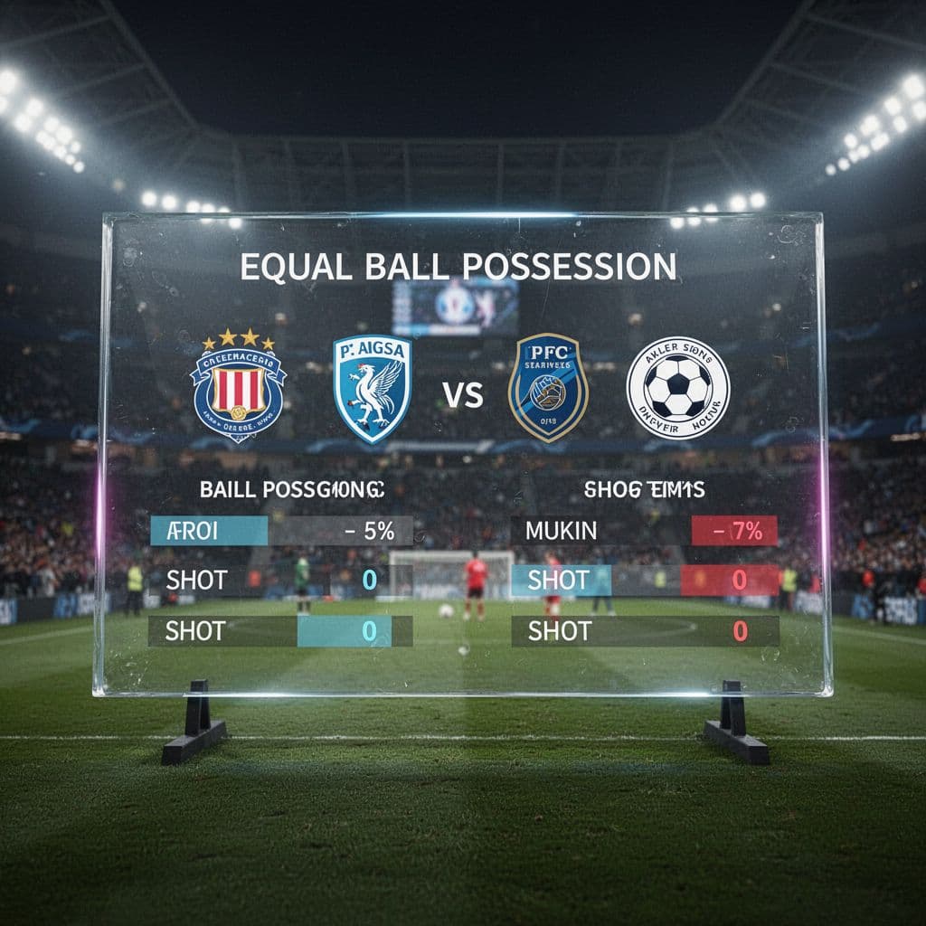 Layar digital transparan menampilkan grafik penguasaan bola dan akurasi tembakan antara dua tim. Latar belakang stadion yang buram memberikan efek kedalaman dengan pencahayaan neon halus yang memancarkan aura futuristik pada data.