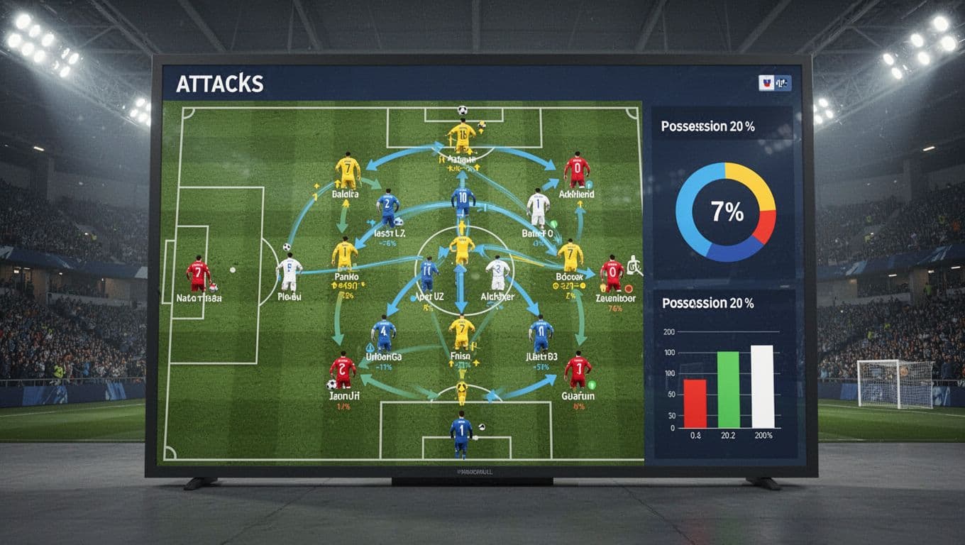 Papan taktik digital menampilkan alur serangan dengan garis dinamis serta diagram persentase penguasaan bola yang akurat. Latar belakang stadion yang kabur memberikan kesan profesional pada data performa pemain yang tersaji di layar.
