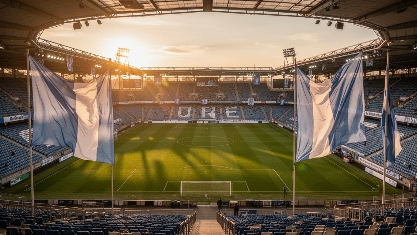 Aerial view of empty Volksparkstadion with fluttering blue-white HSV banners in golden sunset light.