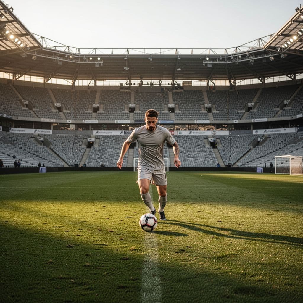 Soccer player with ball at feet advances in wide stadium view under afternoon light with sparse crowd.