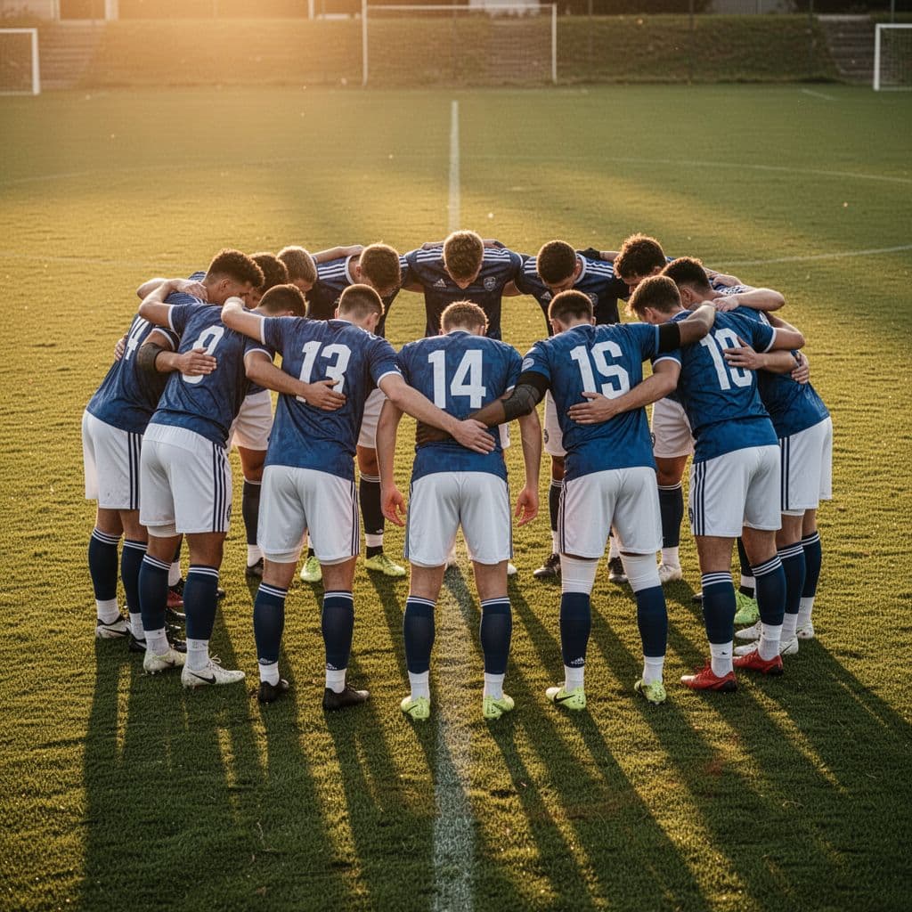 A football team gathers in a huddle on a vibrant grassy field under a warm sunset.