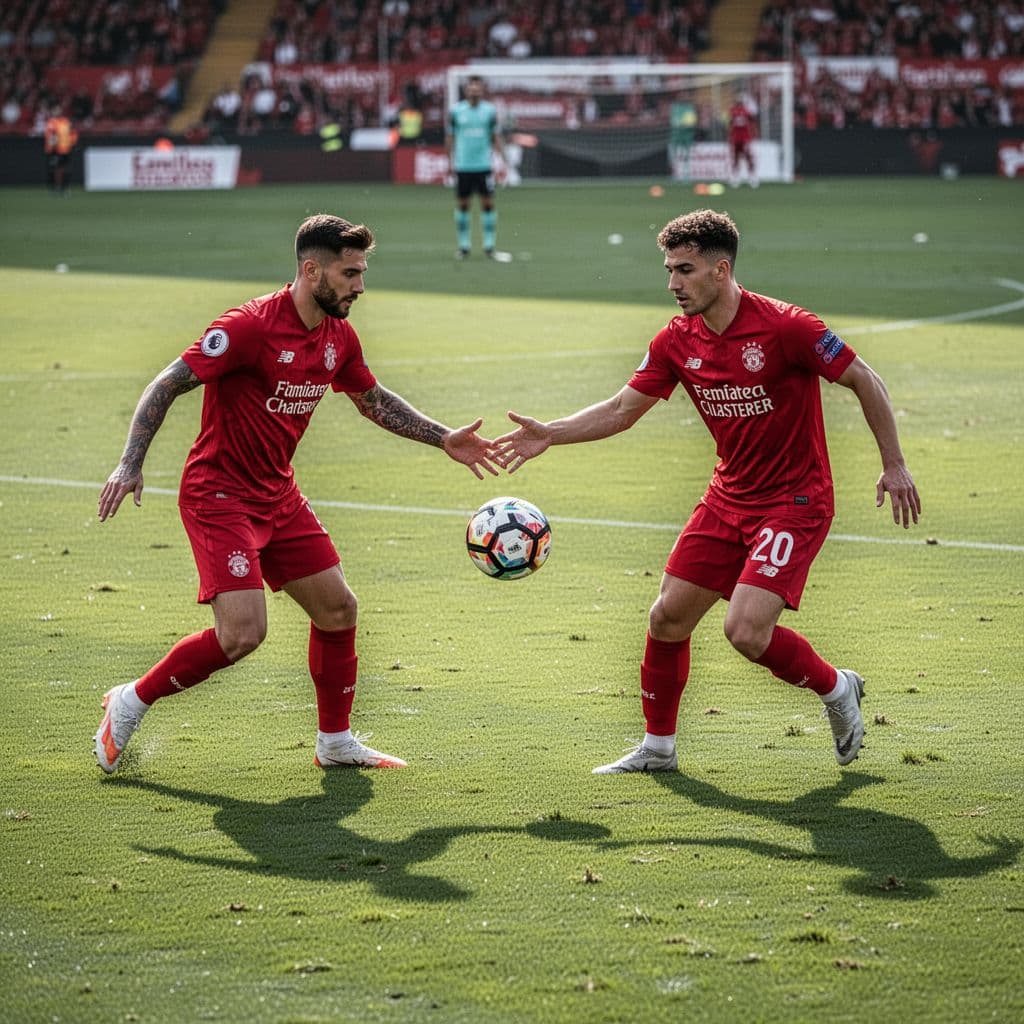 A group of football players in red kits train on a grassy pitch with a ball.