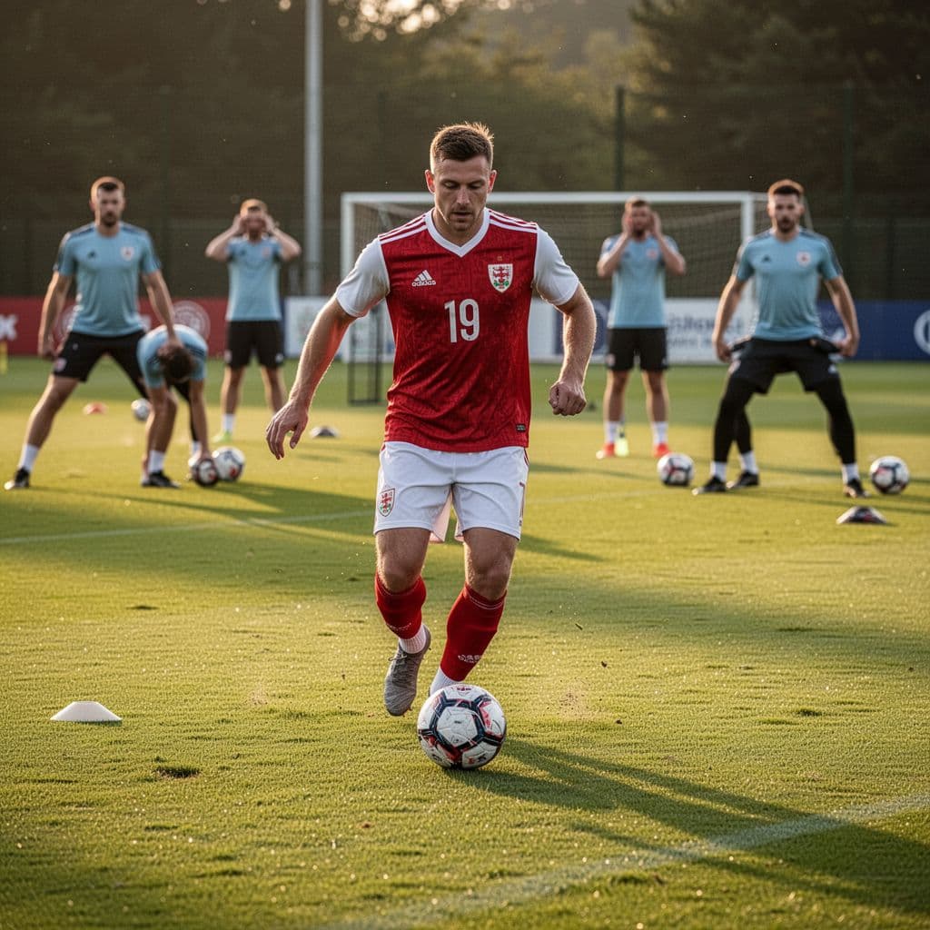 A Welsh soccer player dribbles a ball on a green pitch while teammates warm up nearby.