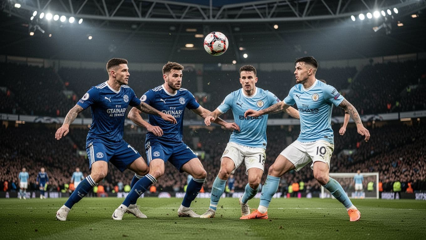 Two Chelsea players in blue defend compactly against two Manchester City players in sky blue in midfield at Wembley Stadium, ball in mid-air under lights.