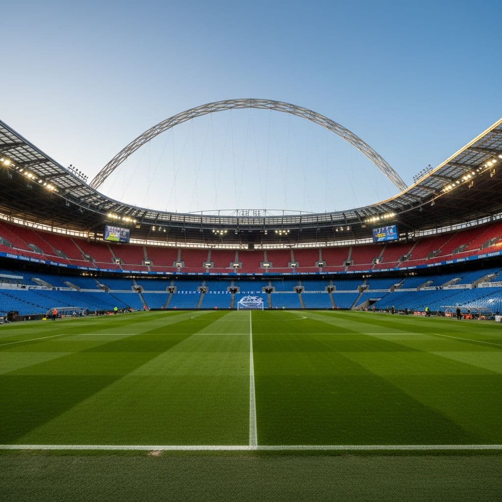 Wide shot from pitch level shows manicured grass, empty stands, and iconic arch under clear afternoon sky.