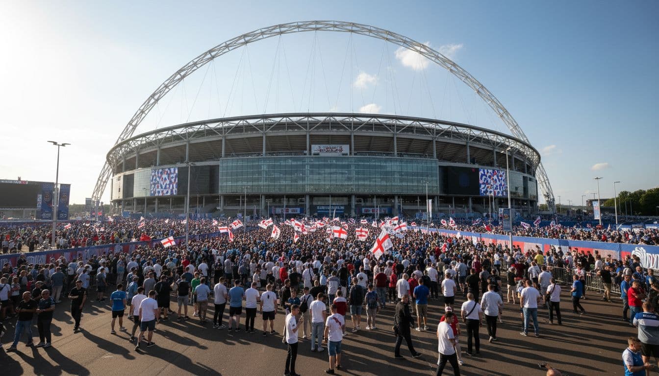 Exterior of Wembley Stadium on sunny day with distant fans arriving and English flags waving.