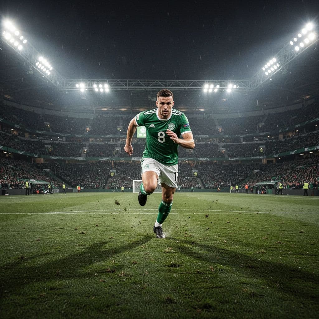 Footballer in green-white jersey runs on green pitch under stadium lights during Bundesliga game.