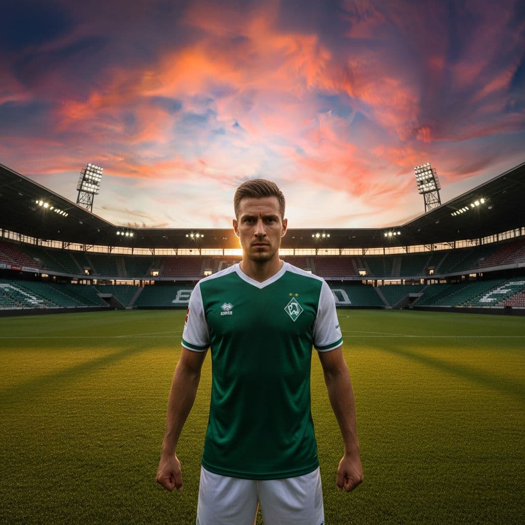 Werder Bremen player in green-white kit stands determined on stadium field at dusk.