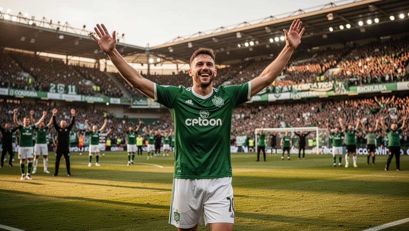 Werder Bremen player in green-white kit celebrates win on stadium field with cheering crowd.