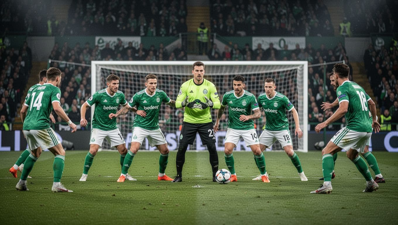 Werder Bremen players in green-white jerseys defend near penalty box with focused goalkeeper.