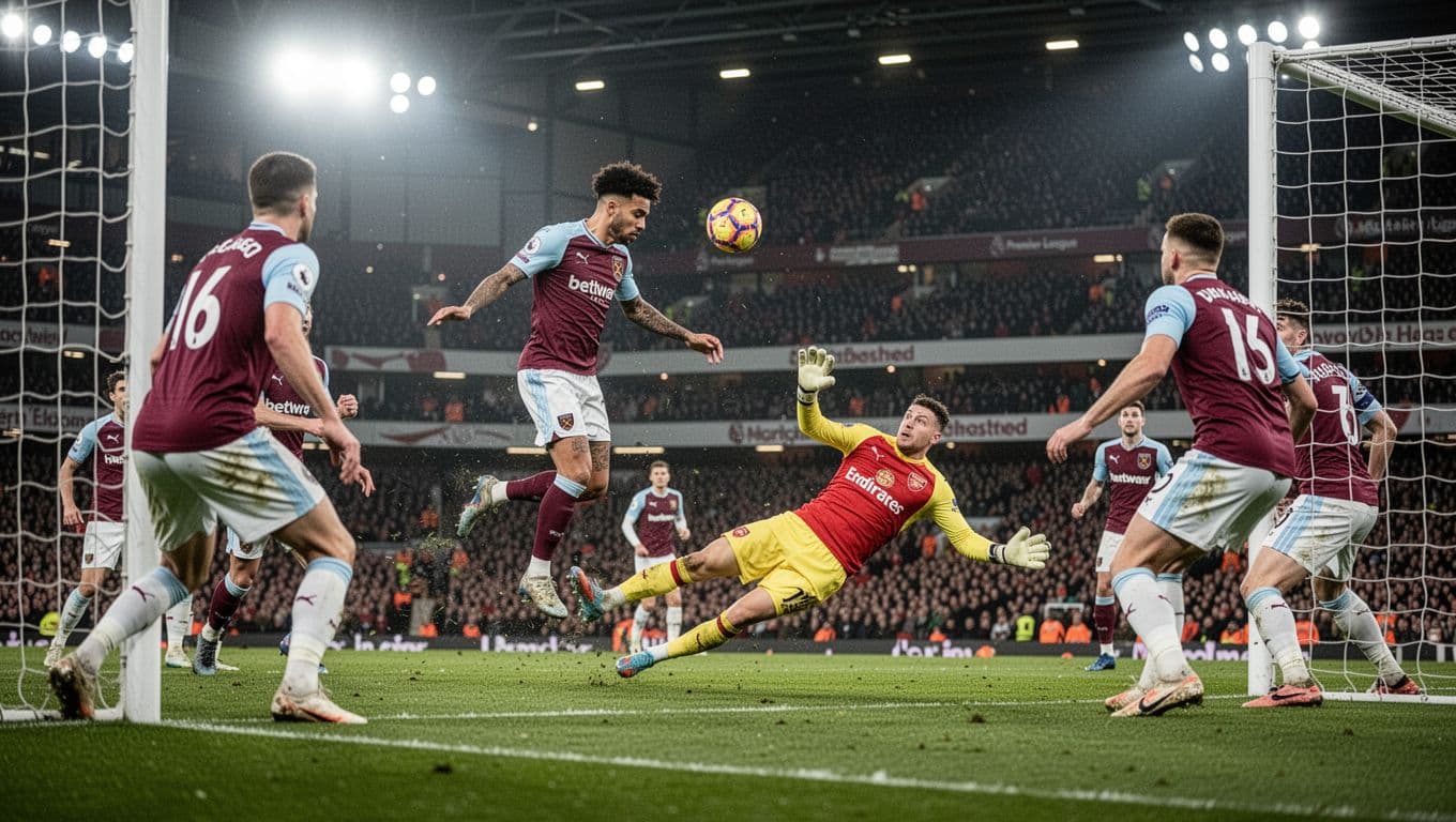 West Ham player jumps to head corner kick as Arsenal goalkeeper dives in crowded penalty box.