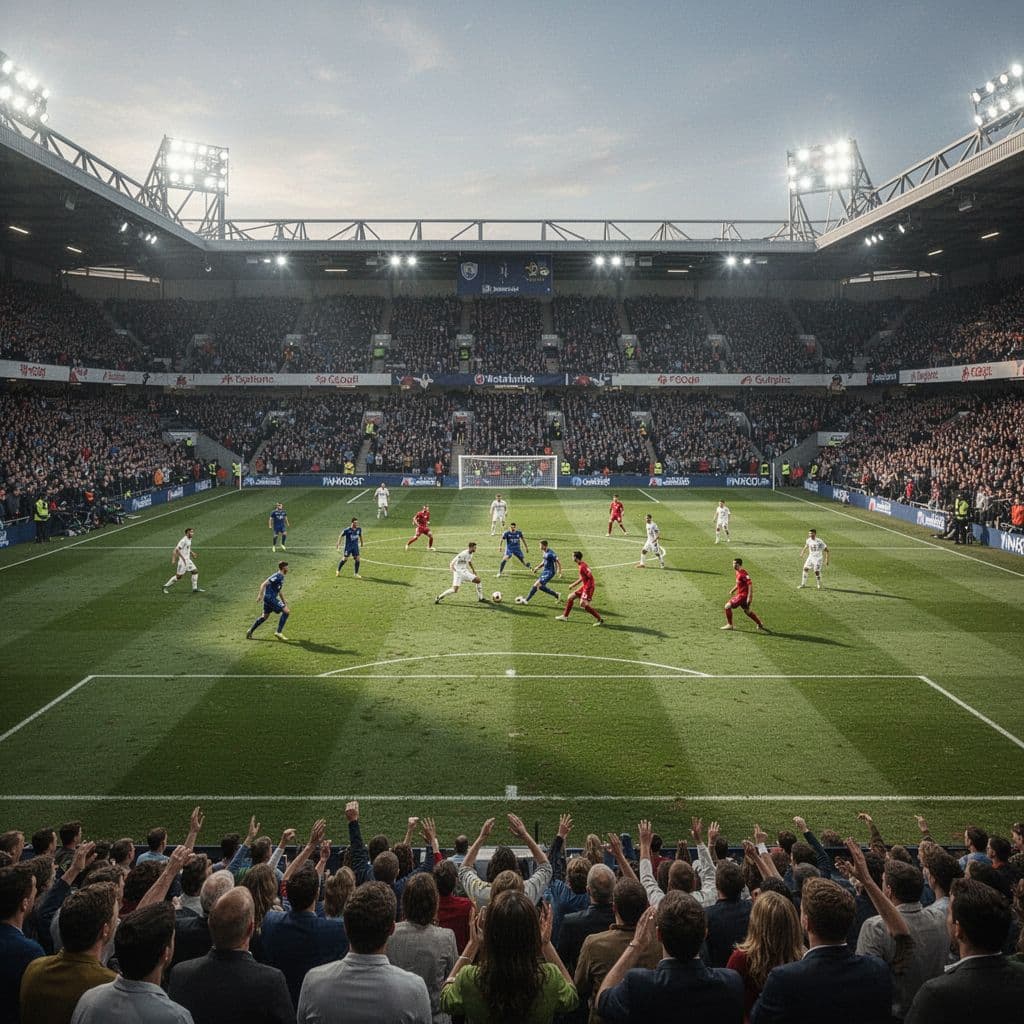 Players on green pitch during tense match viewed from crowded stands under bright stadium lights.