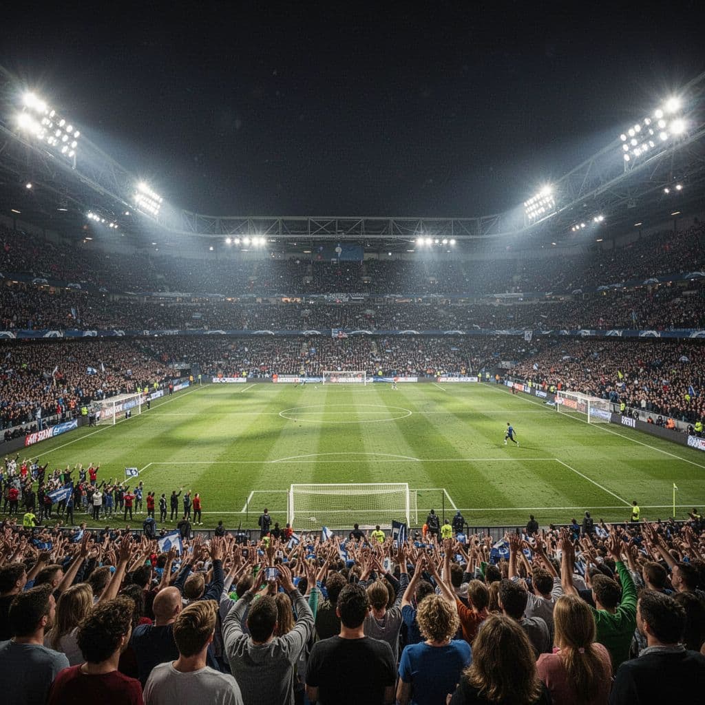 Wide view from stands of nighttime football stadium packed with spectators under bright spotlights, distant blurry player on green field.