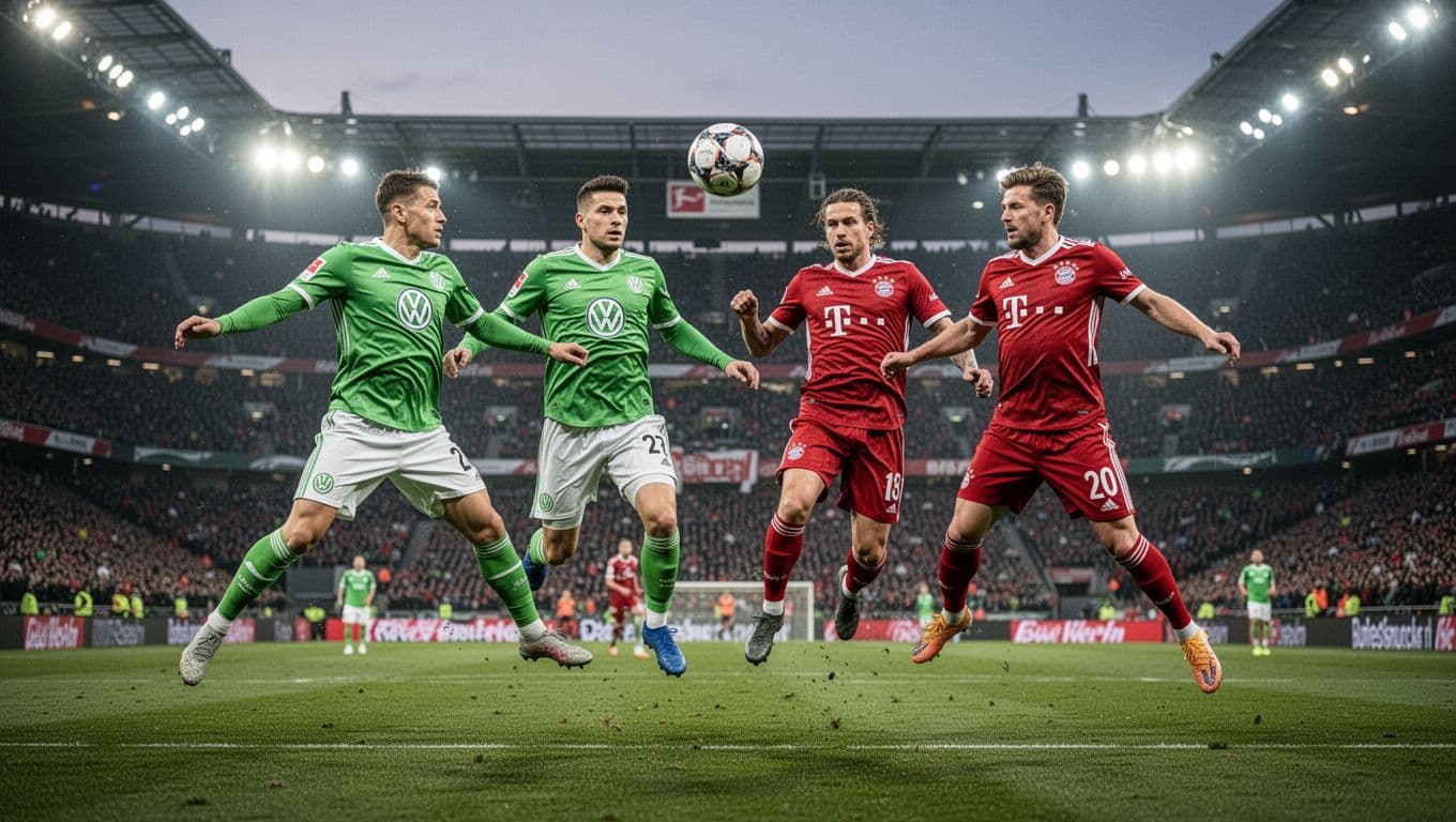 Two Wolfsburg players in green jerseys face two Bayern players in red on Volkswagen Arena pitch, ball mid-air.