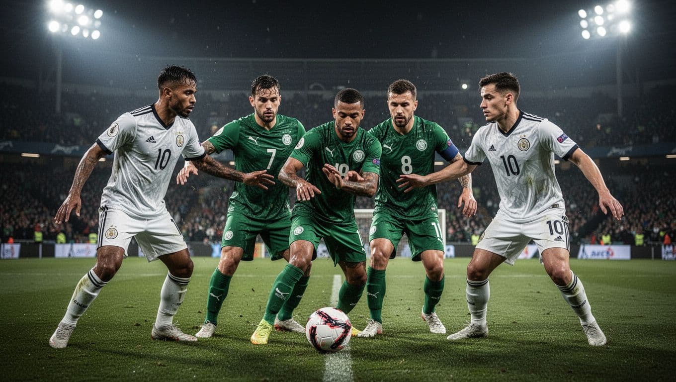 Two Wolfsburg players in green jerseys block a shot from two Freiburg players in white on a night-lit green pitch.