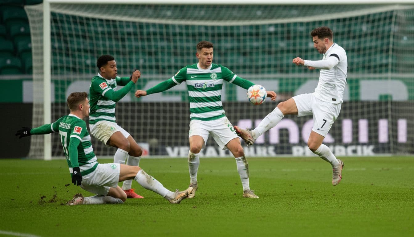 Four Wolfsburg players in green and white jerseys defend against one attacker in a scramble near the goal on a green pitch in Volkswagen Arena.