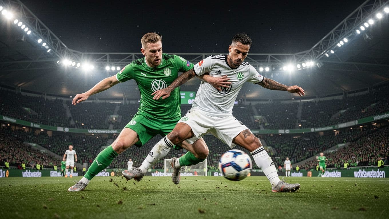 Wolfsburg players in green jerseys defend against white-jerseyed attackers under night lights at Volkswagen Arena.