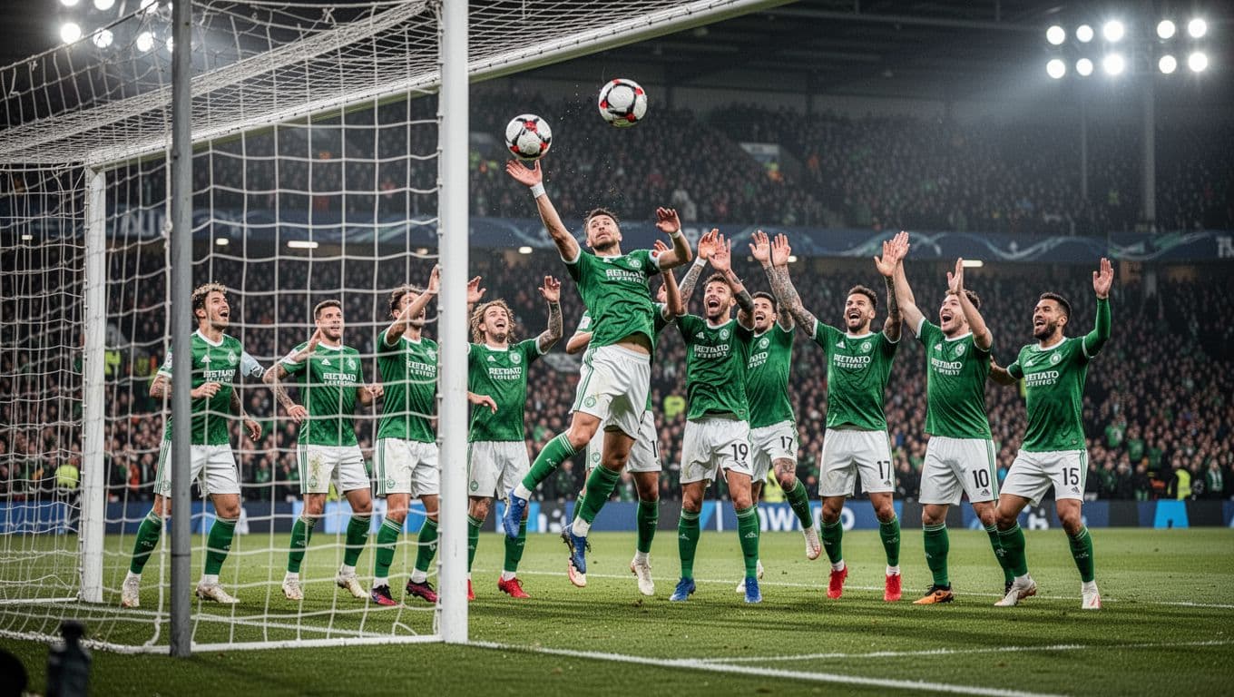 VfL Wolfsburg players in green jerseys celebrate a headed goal, teammates jumping with joy, blurred stadium crowd in background.