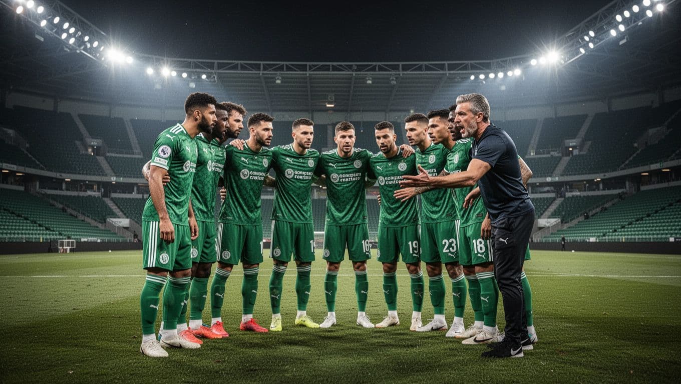Wolfsburg players in green jerseys huddle with coach on floodlit pitch, empty stands behind.