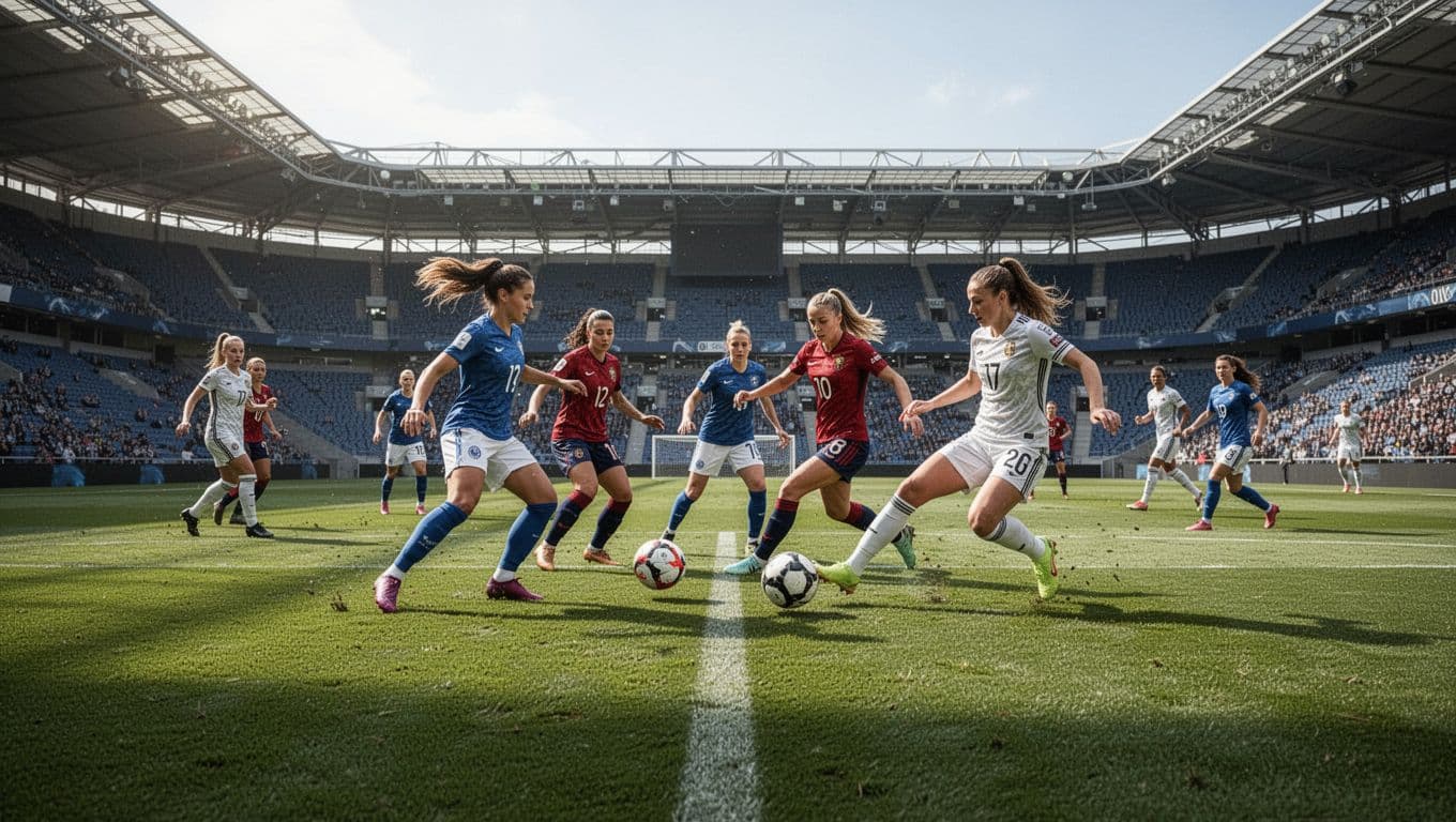 Two women's football teams in gear compete on a green pitch in a stadium under daylight.