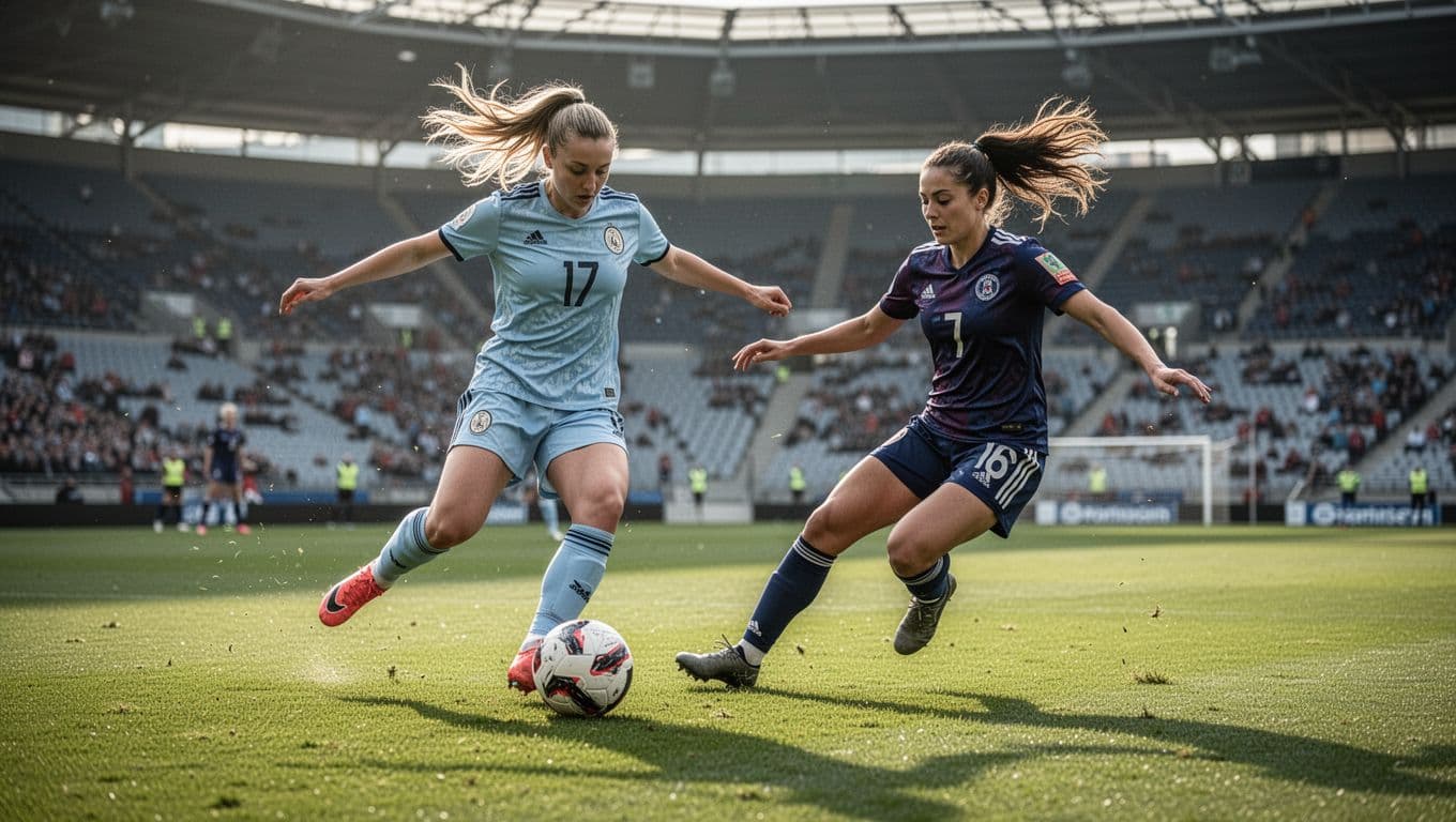 A soccer player dribbles the ball while an opponent moves in for a sliding tackle on the grass.