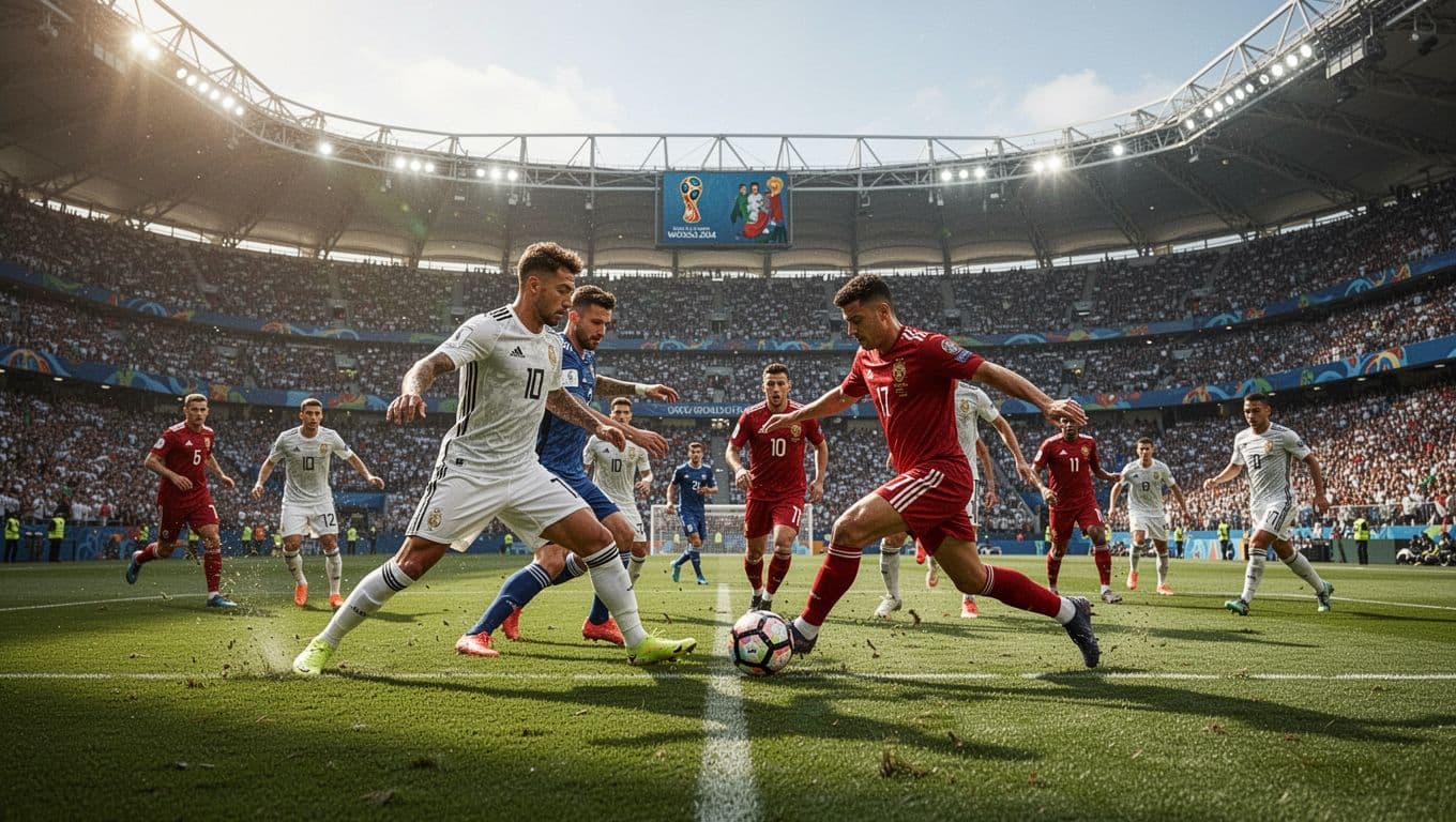 Two soccer teams compete on a lush green pitch within a massive illuminated stadium. Intense players battle for ball possession under bright floodlights while spectators fill the distant stands blurred background.
