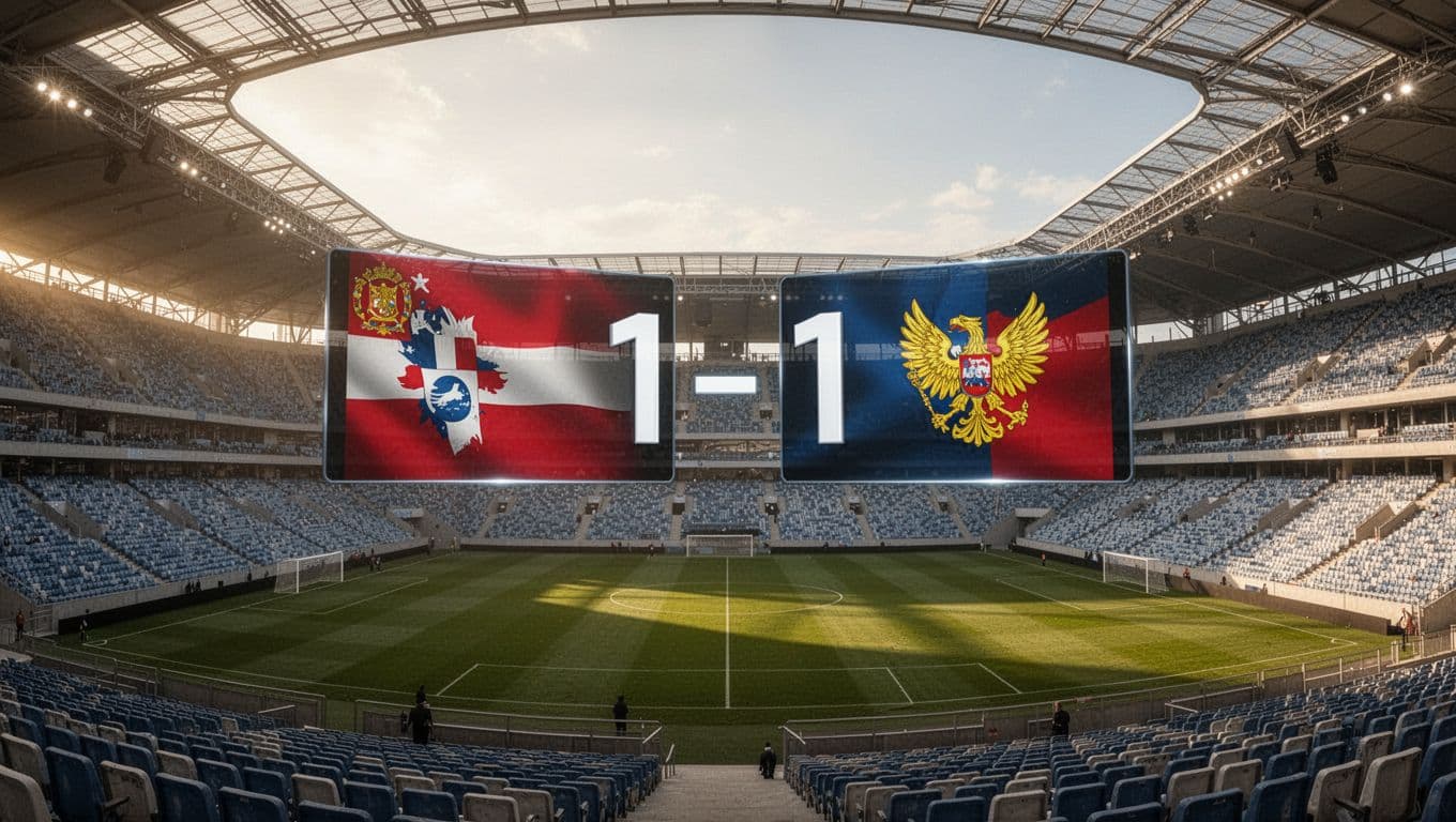 Two bright digital screens displaying country flags at a tied score inside a vast stadium. Fans fill the blurred stands while soft afternoon light illuminates the green grass pitch below.