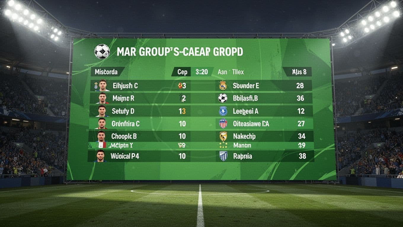 A high-resolution digital scoreboard displays the soccer group standings against a vibrant green backdrop. The sleek graphic layout organizes team performance metrics with clear, professional icons inside a stadium environment.