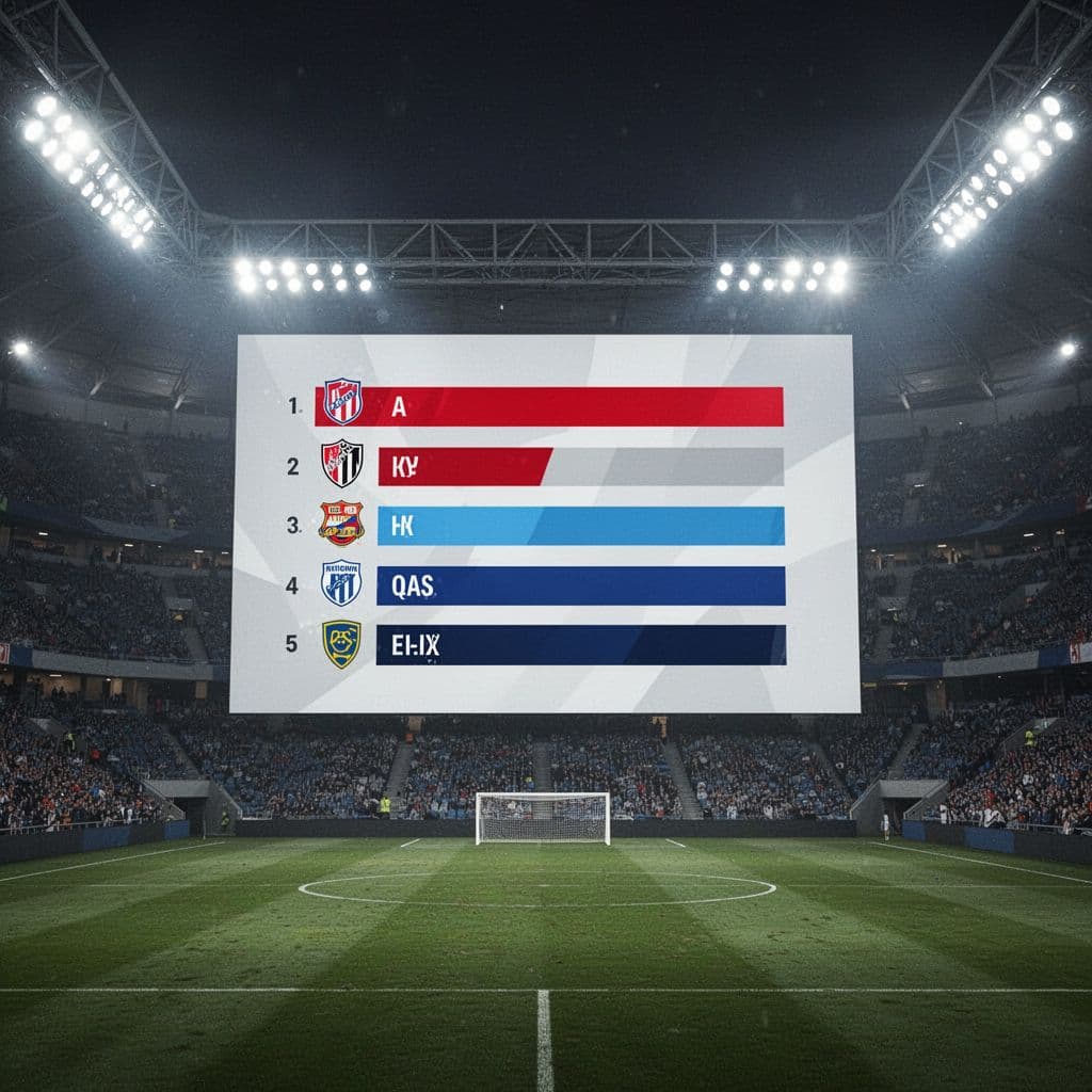 A massive digital display inside a sunlit stadium shows the updated group rankings. Canada leads the list with bold graphics illuminated by bright floodlights while spectators fill the tiered seating rows.