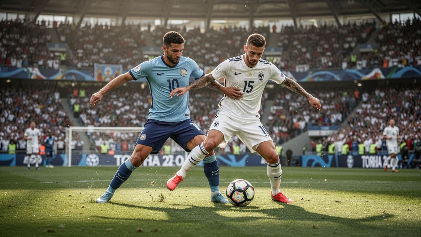 A light blue Uruguayan player battles for possession against a white-clad Saudi Arabian opponent on the grass. The stadium is filled with cheering fans under bright, natural daylight conditions during play.