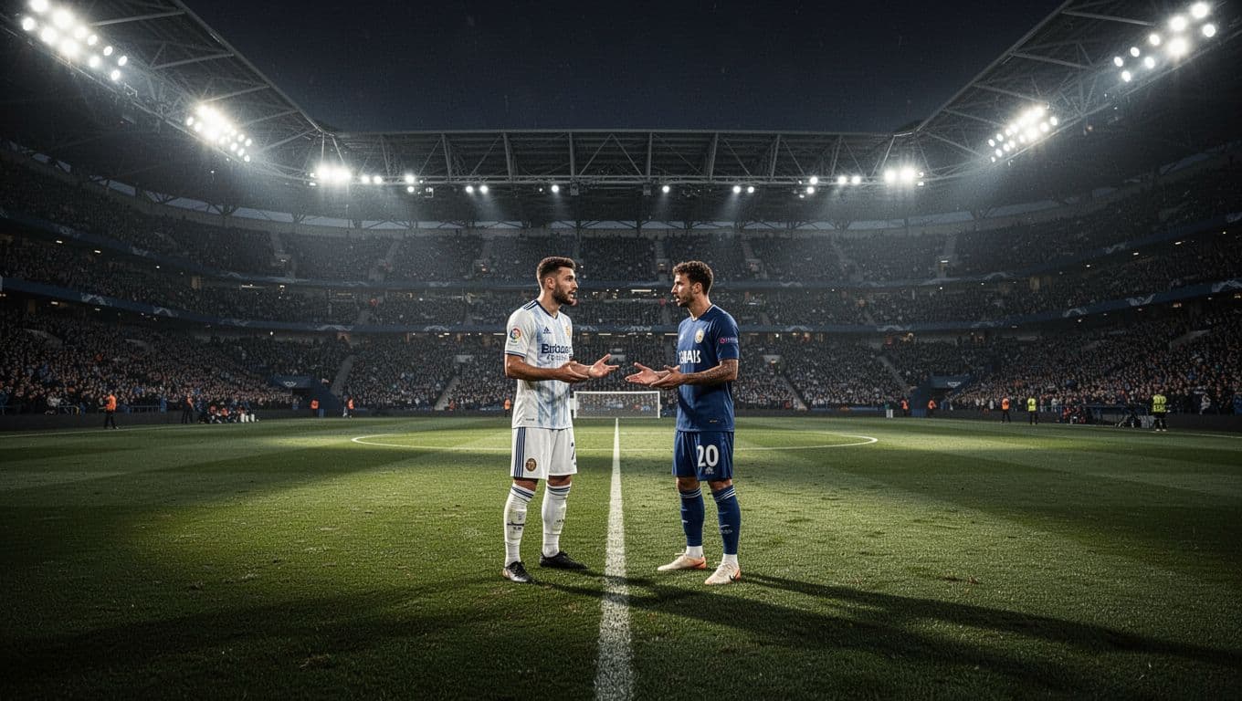 Professional athletes stand on a meticulously manicured grass field under bright floodlights. The dark, cinematic stadium atmosphere highlights their focused expressions and strategic positioning before the high-stakes international tournament match begins.