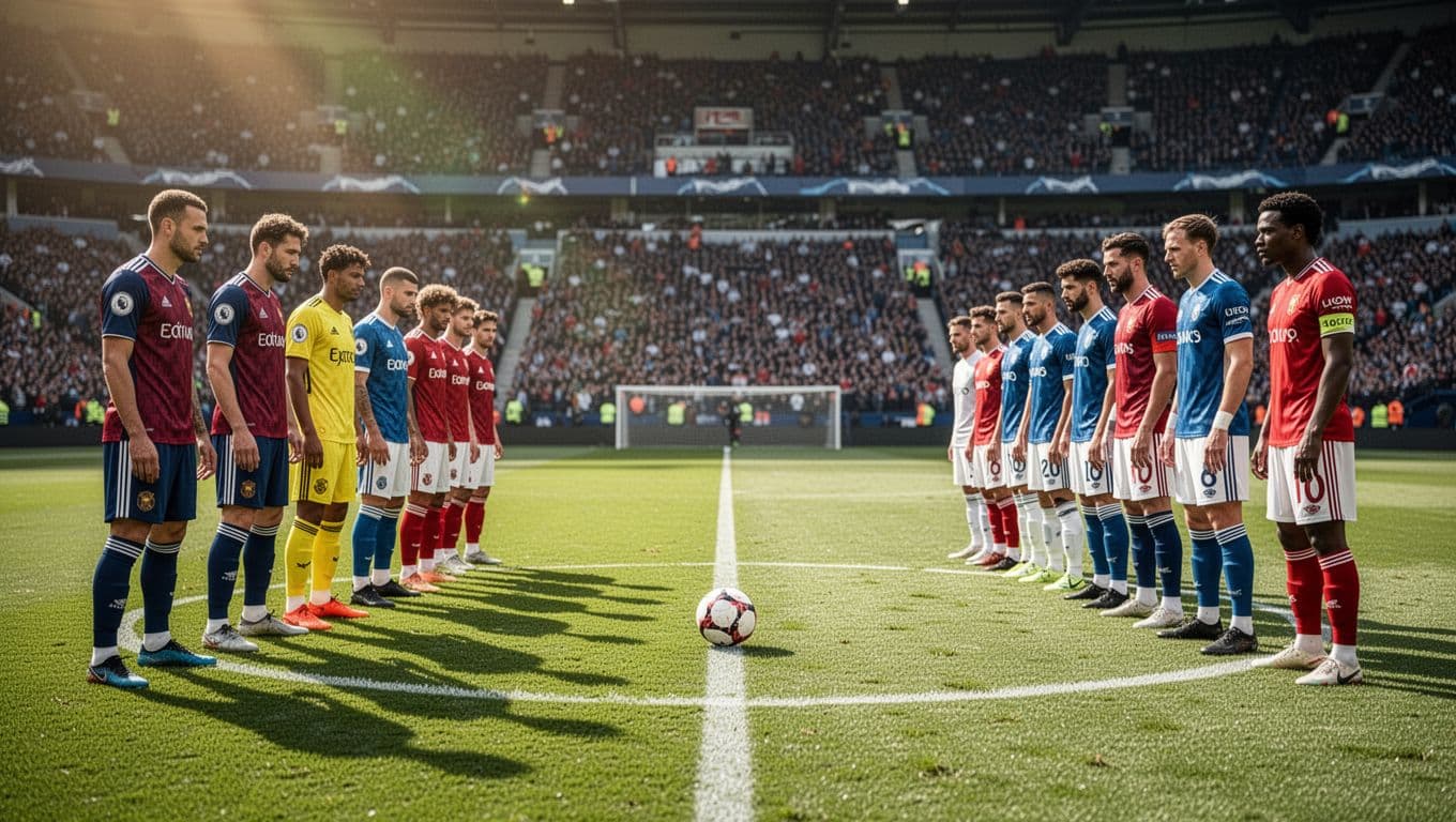 Two professional football squads stand on opposite sides of a sunlit stadium pitch before the kickoff. A singular match ball rests precisely in the center circle under a bright clear sky.