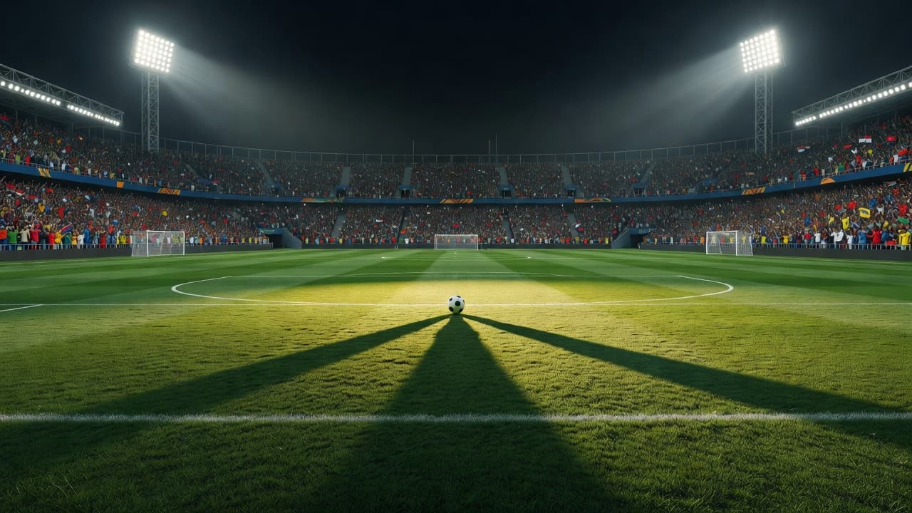 A pristine green soccer pitch glows under intense stadium floodlights during a professional match. A single ball sits centered on the grass, surrounded by a vast, blurred arena crowd in darkness.