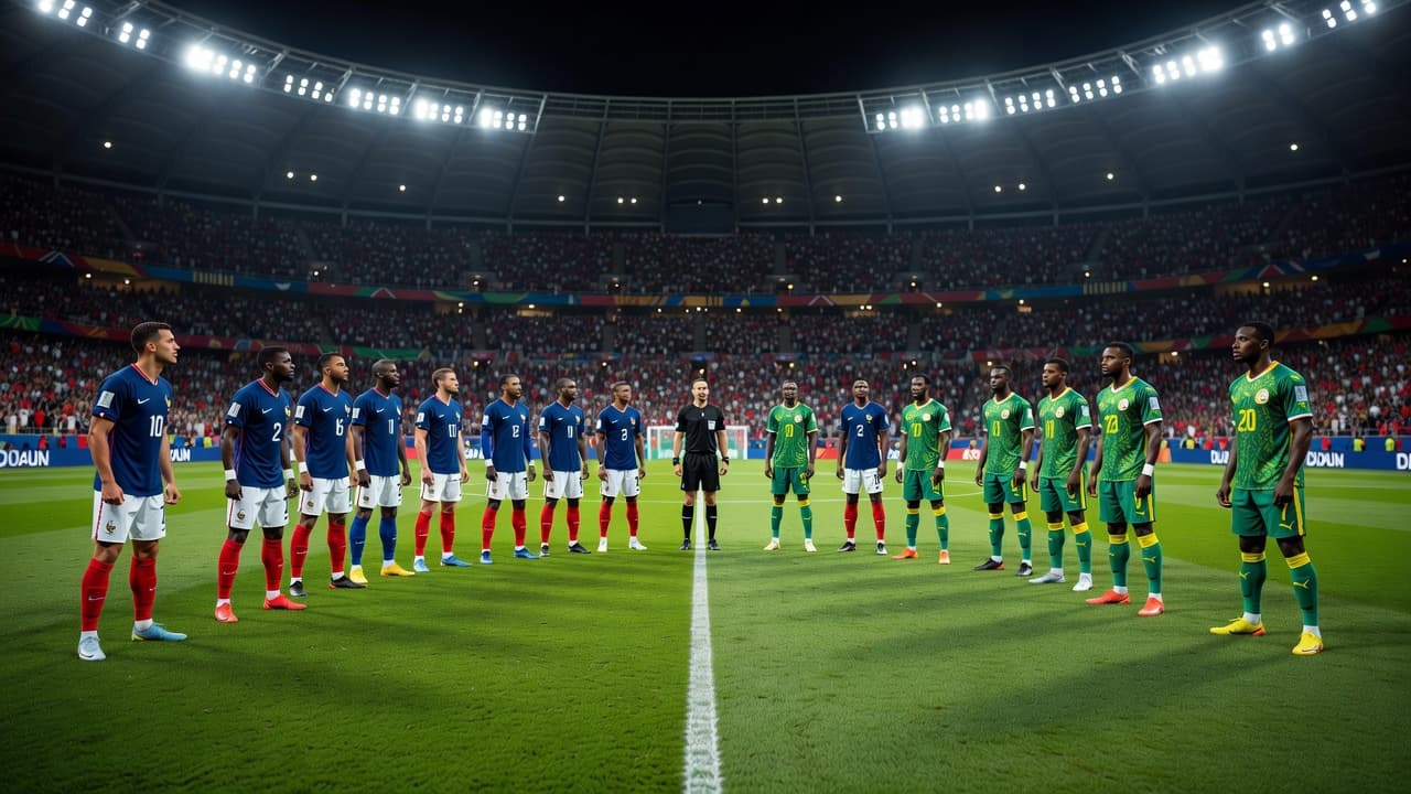 Two professional teams in national jerseys gather on the vibrant green pitch under bright stadium floodlights. A central referee oversees the twenty-two players as the atmosphere builds before the match.