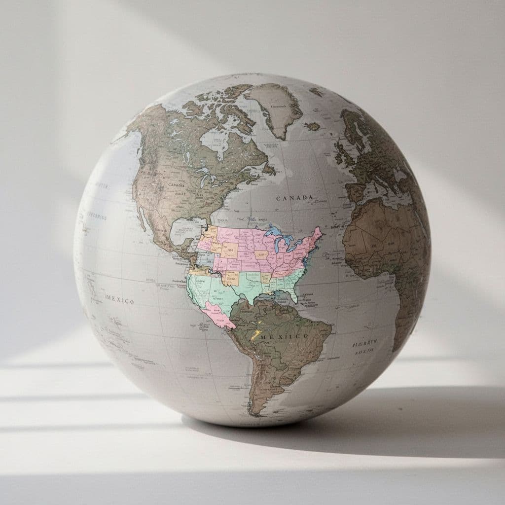 A flat graphic of a globe centered on North America with markers for the host countries.