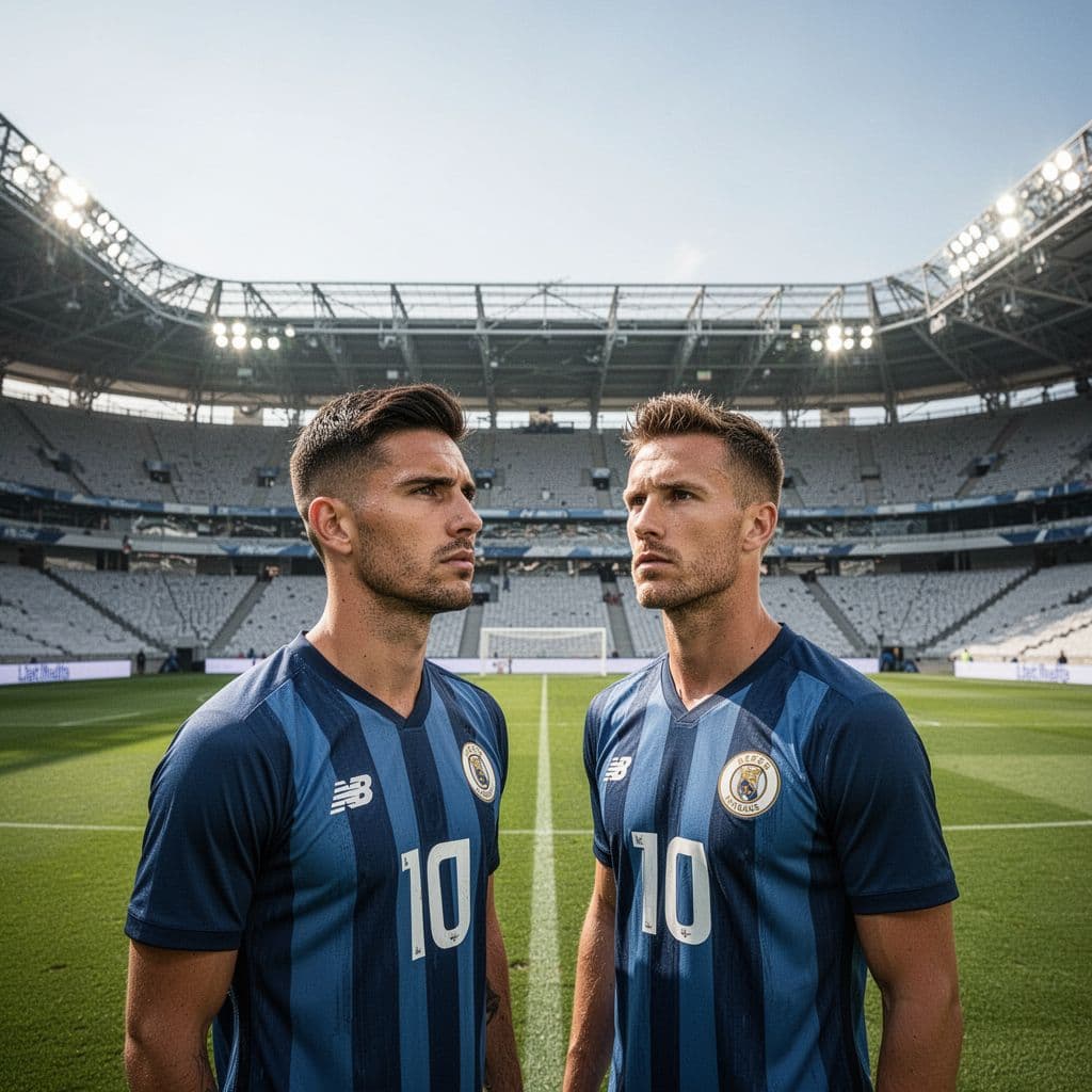 Two professional football players stand on a clear pitch under bright daylight. They display intense focus and determination, representing the heavy psychological weight of a crucial opening group stage match result.