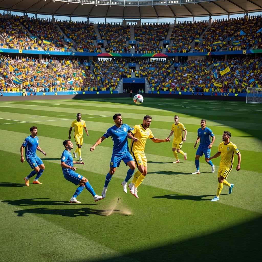 Players in blue and yellow kits battle for possession on a lush green pitch as the massive modern stadium glows under bright afternoon sunlight, surrounded by thousands of cheering soccer fans.