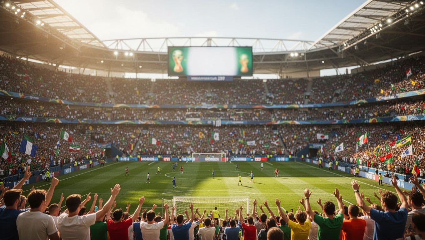 A vibrant stadium filled with roaring crowds under golden afternoon sunlight. In the blurry background, a glowing digital scoreboard indicates a competitive match, capturing the intensity of a major tournament.