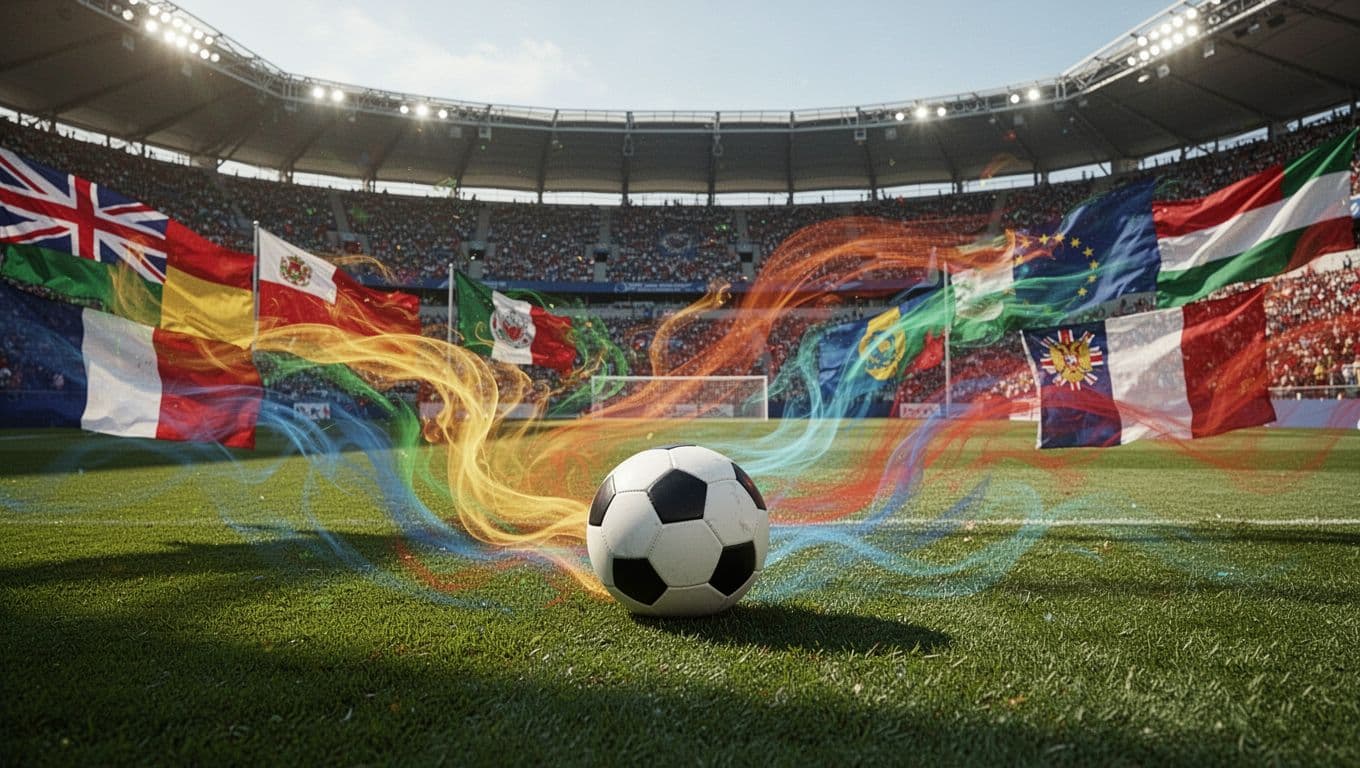 A single soccer ball rests on a stadium pitch as vibrant flag colors swirl together in the background. Dynamic lighting highlights the blending patterns representing the shifting nature of tournament rankings.