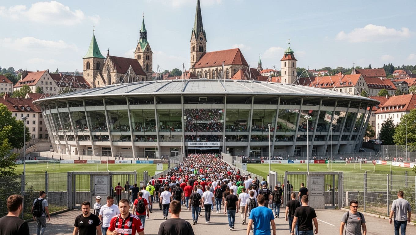 Exterior of WWK Arena stadium in Augsburg with fans entering amid city buildings under bright daylight.