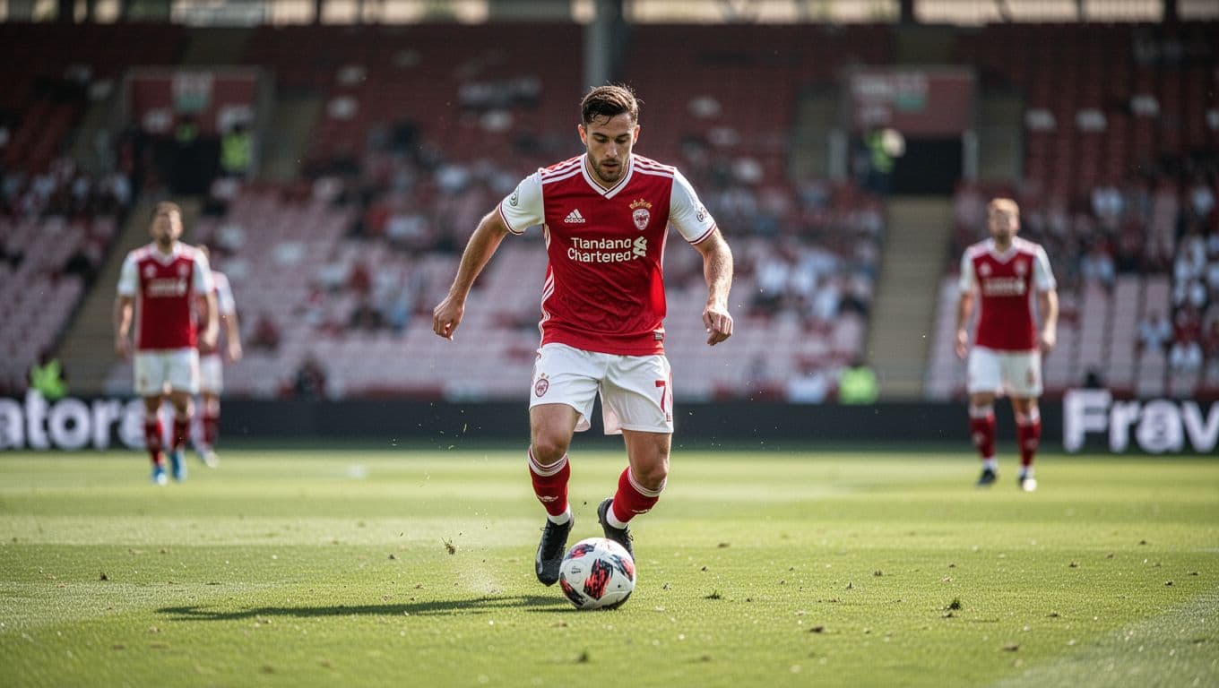 Xavi Simons in red-white kit dribbles ball on green pitch during daylight Bundesliga match, blurred stands, two distant opponents.
