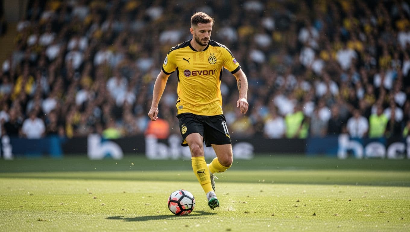 Football player in yellow and black kit dribbles soccer ball on green grass pitch with blurred stadium crowd.