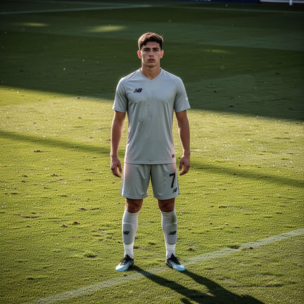 A young athlete in a professional football kit stands on a sunny green pitch.
